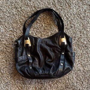 b. makowsky Black Leather Shoulder Tote with Silver-Tone Accents